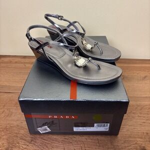 PRADA Calzature Donna Wedge Sandals Acciaio Silver Women Size 36.5 Crystal Strap